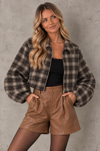 Cropped Flanell Jacke KARO chocolate/beige