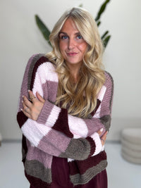 Strickjacke HAPPY BLOCK STRIPES burgundy/taupe/rosa