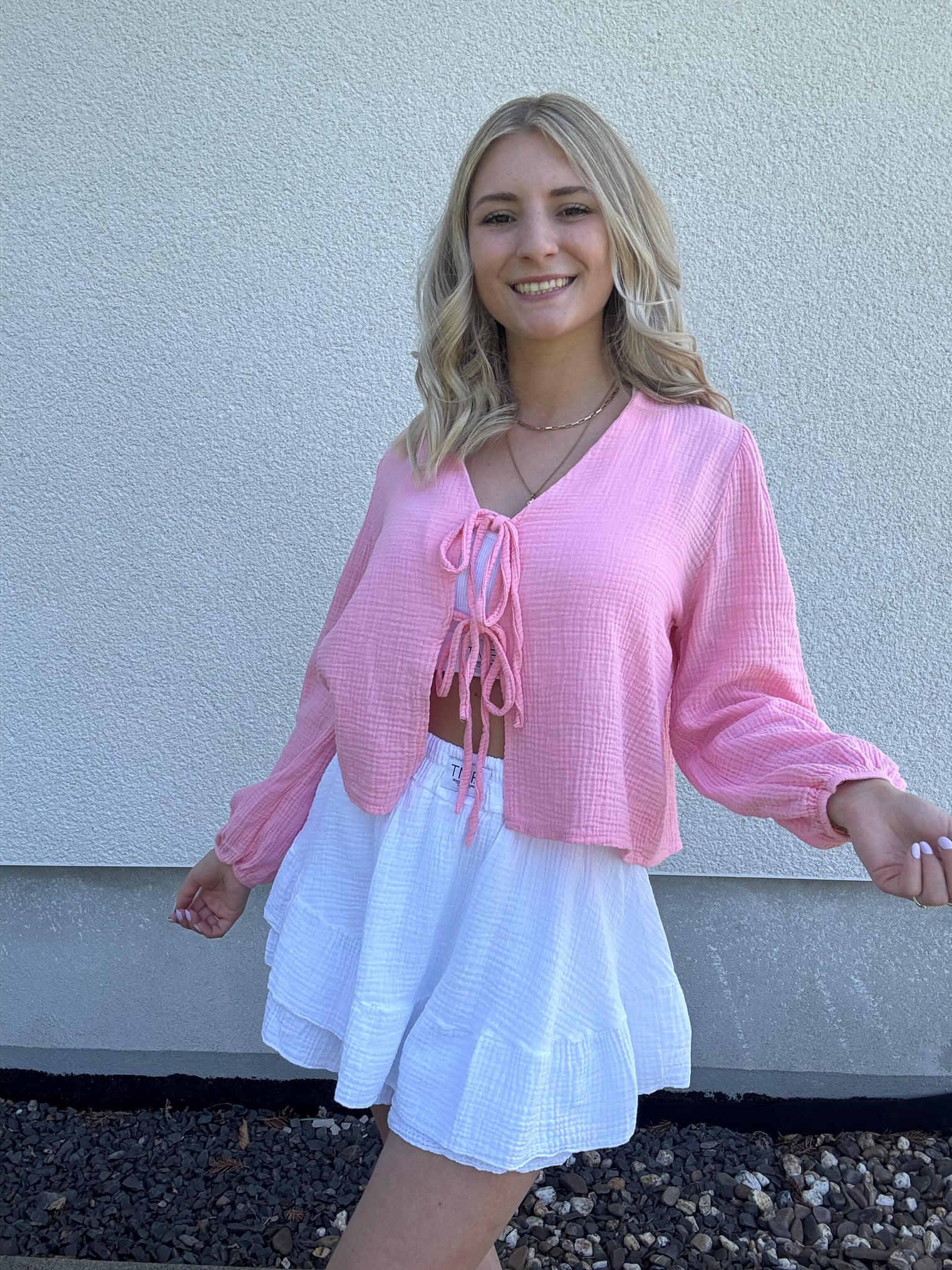 Musselin Bluse rosa mit Schleifchen Cropped