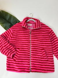 Teddy Jacke mit Reißverschluss pink/rot gestreift