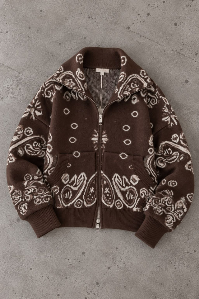 Zipper Strickjacke mit angesagtem Paisleymuster coffee