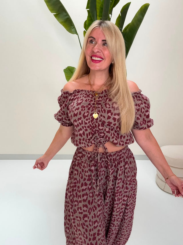 Musselin Carmen Bluse SUNNY DAY LEO burgundy/taupe