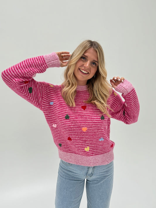 Pullover pink/rosa gestreift mit kleinen bunten Herzen