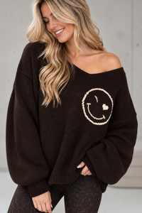 Oversize Strickpullover mit Smiley&Rückenprint dark chocolate/creme