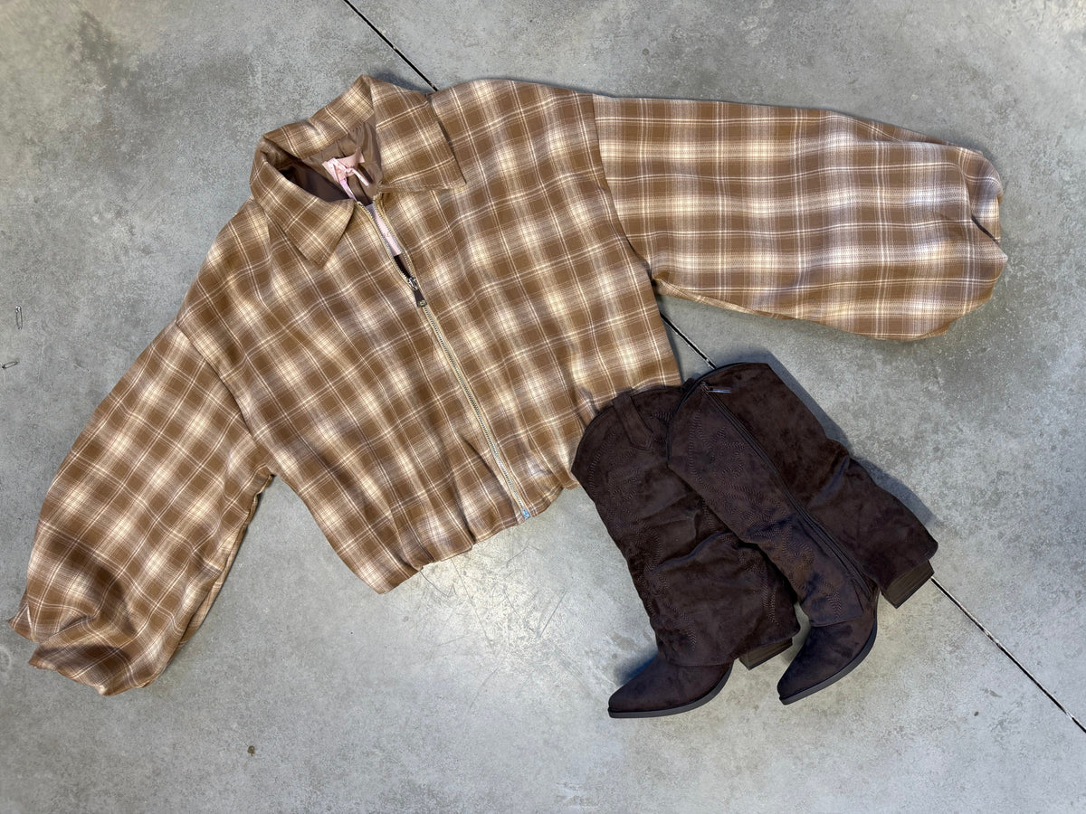 Cropped Flanell Jacke KARO beige/creme