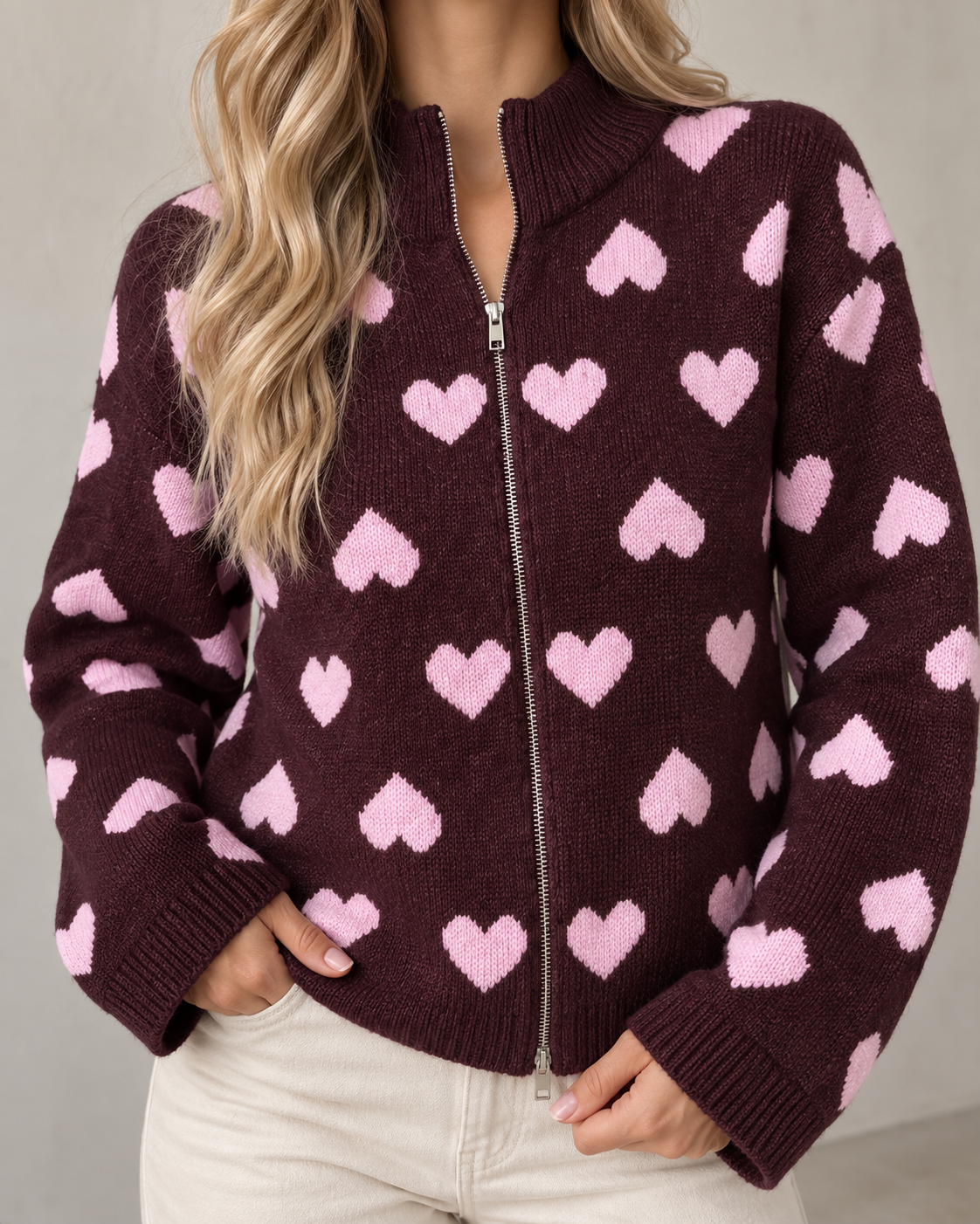 Zipper Strickjacke mit Herzchen burgundy/rosa