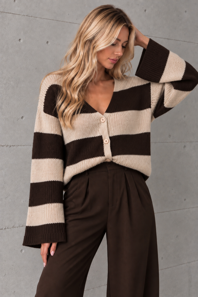 Strickjacke BLOCK STRIPES mit Knopfleiste chocolate/creme