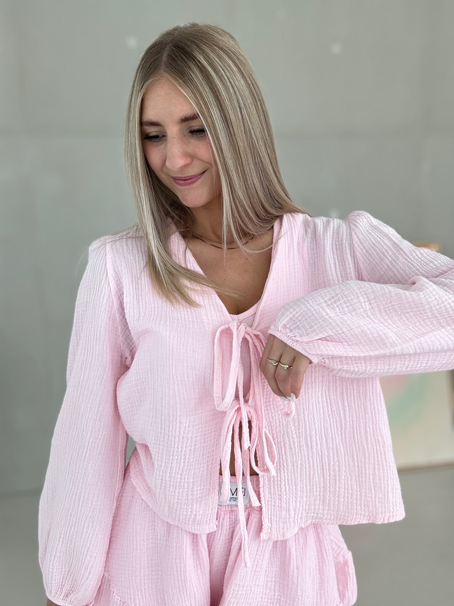 Musselin Bluse BALLERINA ROSA mit Schleifchen Cropped