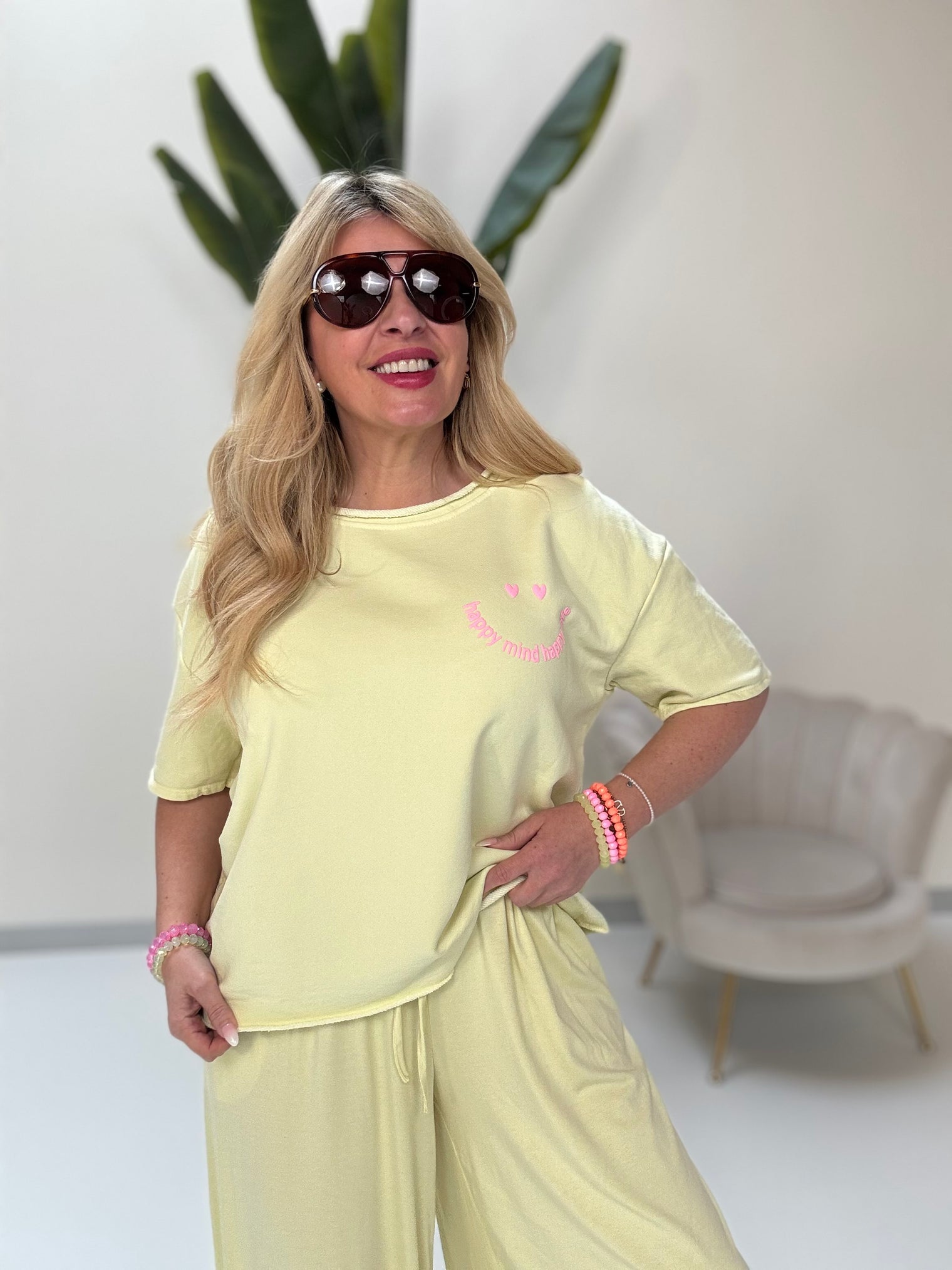 Sweatshirt kurzarm gelb HAPPY MIND HAPPY LIFE rosa