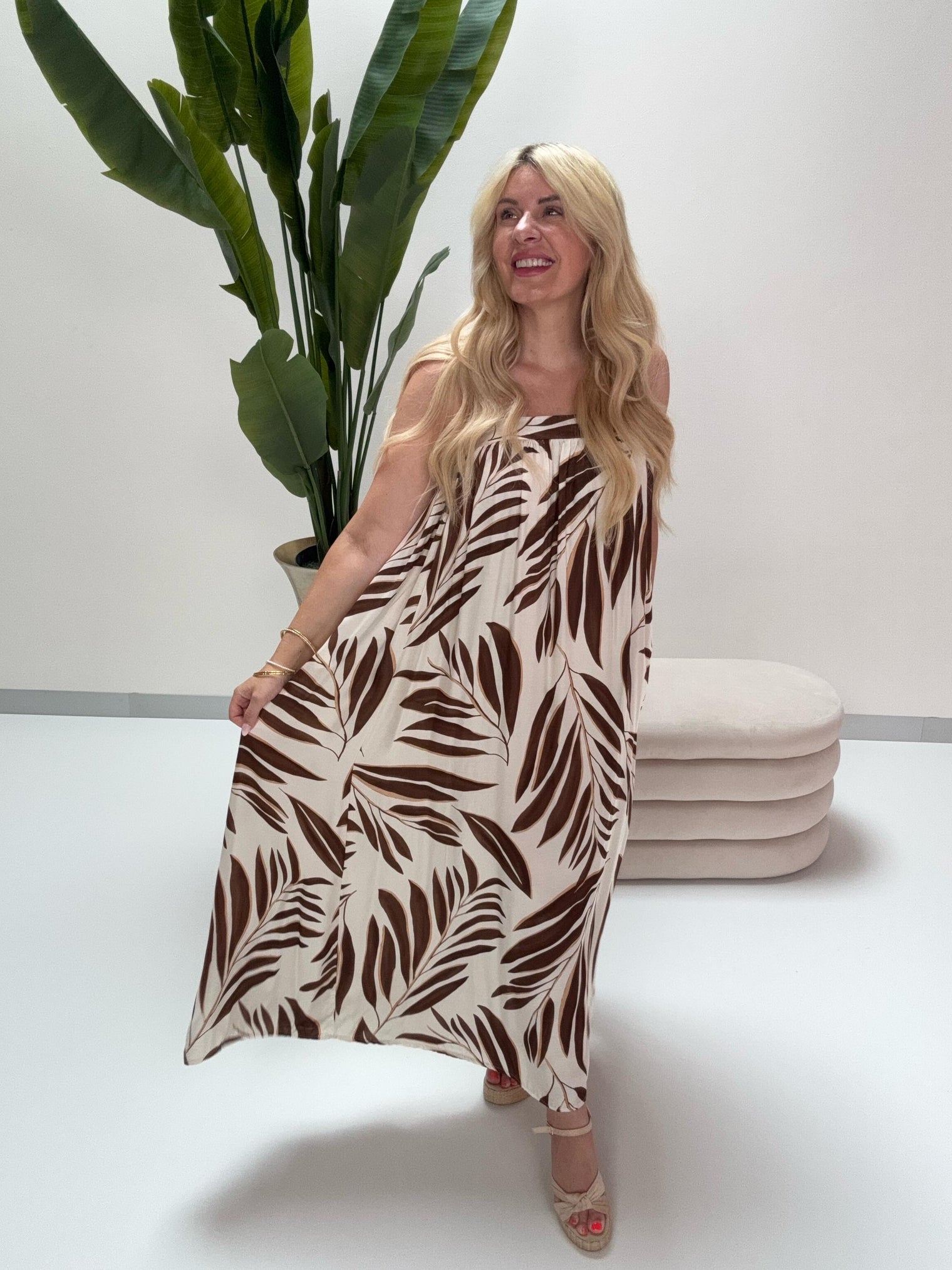 Luftiges Spaghettiträger Kleid SILKY SUMMER creme/braun/beige