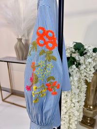 Bluse mit Stickereien LADY LIKE hellblau/weiß gestreift