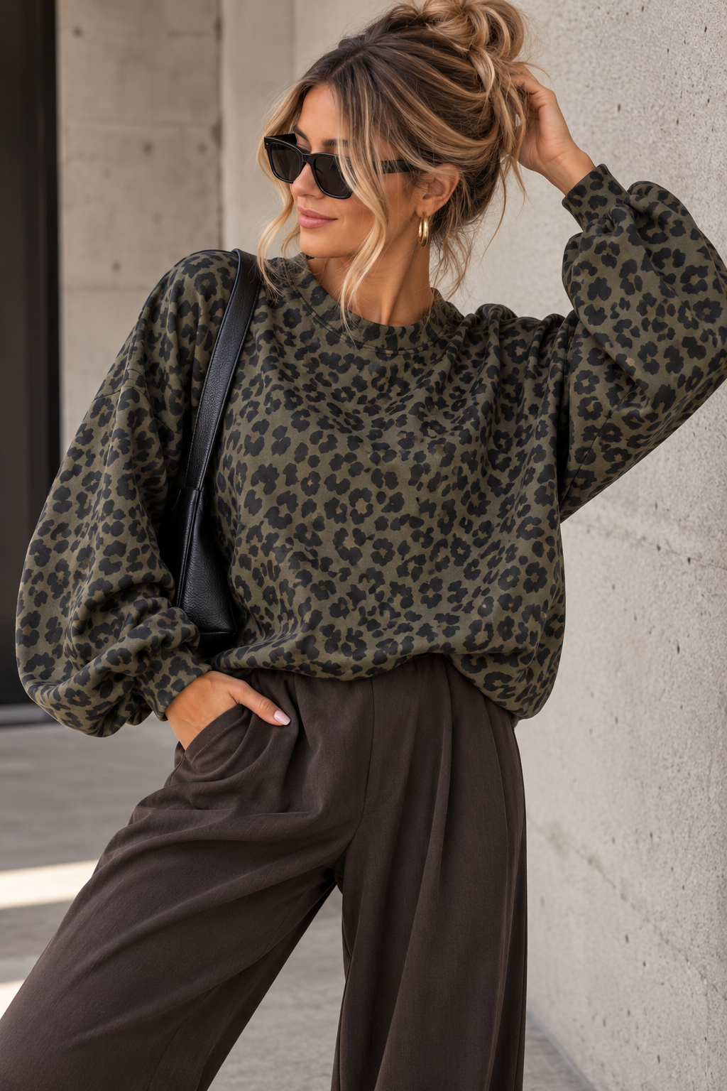 Butterstoff Pullover mit Gummizug unten khaki/schwarz LEO