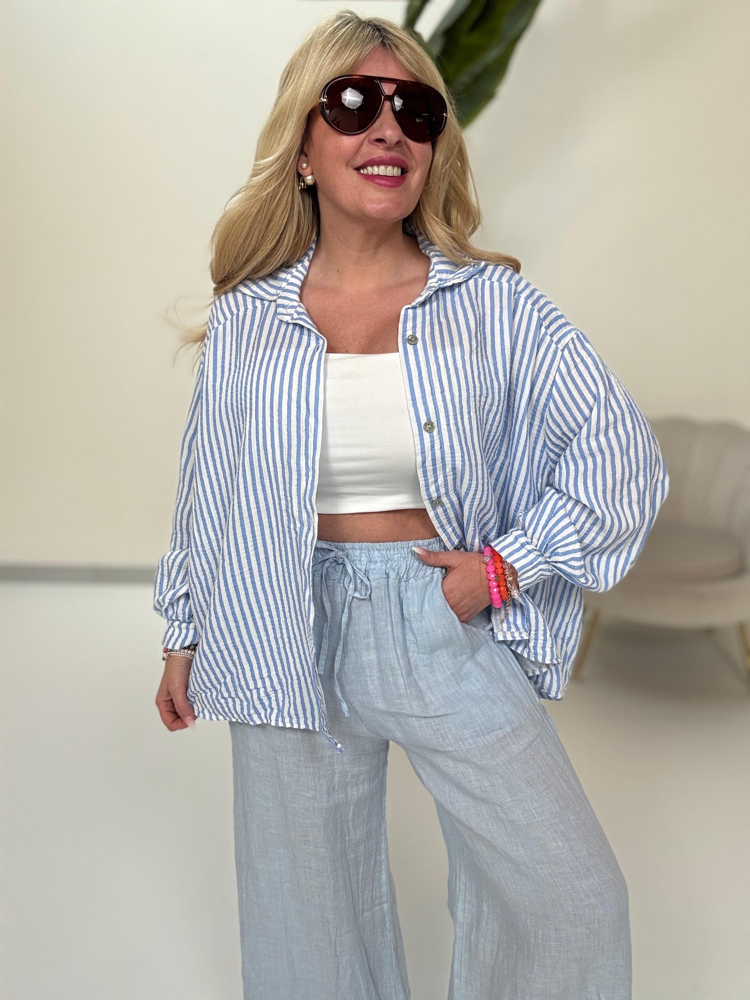 Musselin Bluse weiß SMALL STRIPES blau