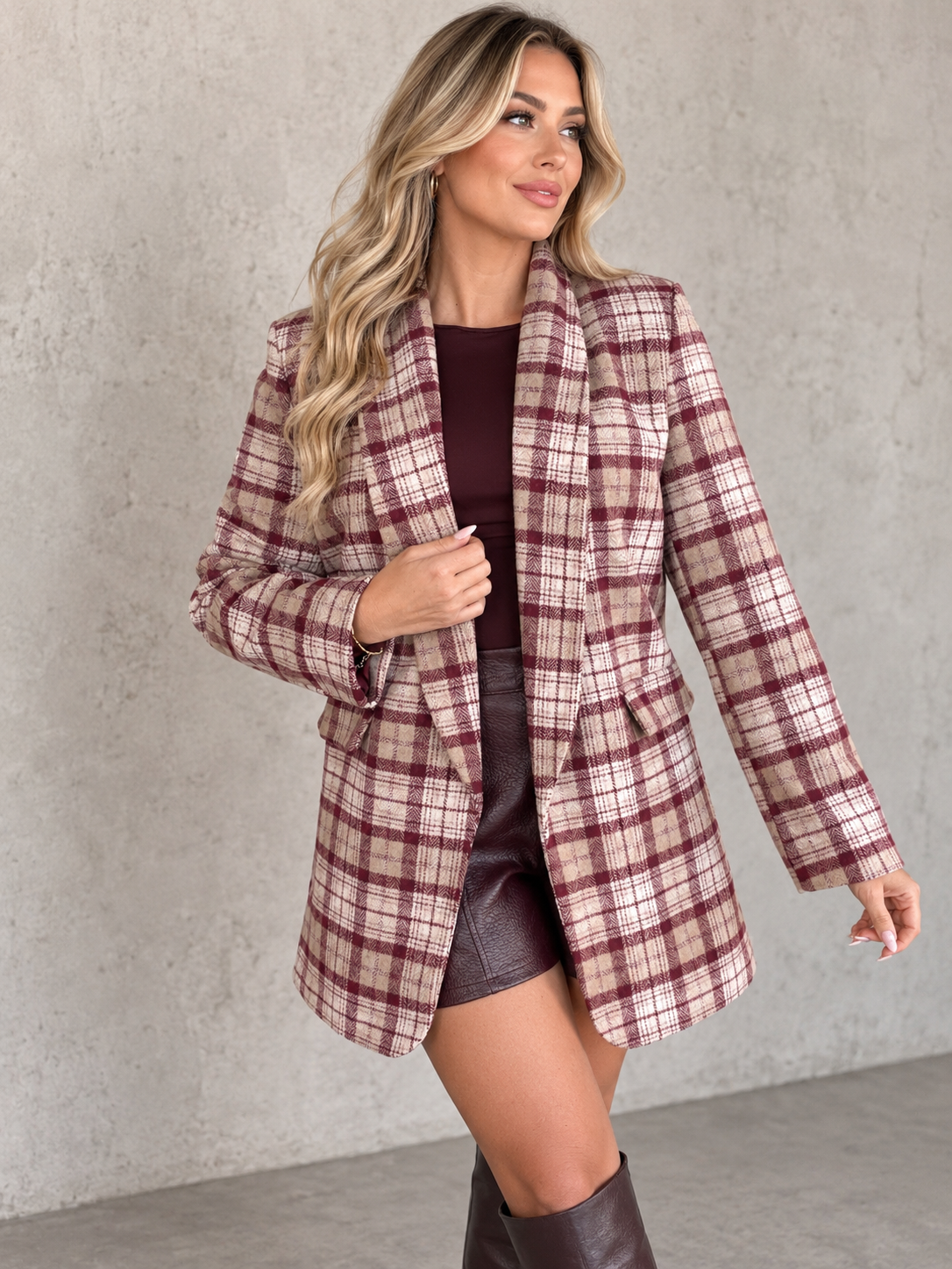 Karierter Long Blazer / Kurz Mantel  Burgundy/Creme