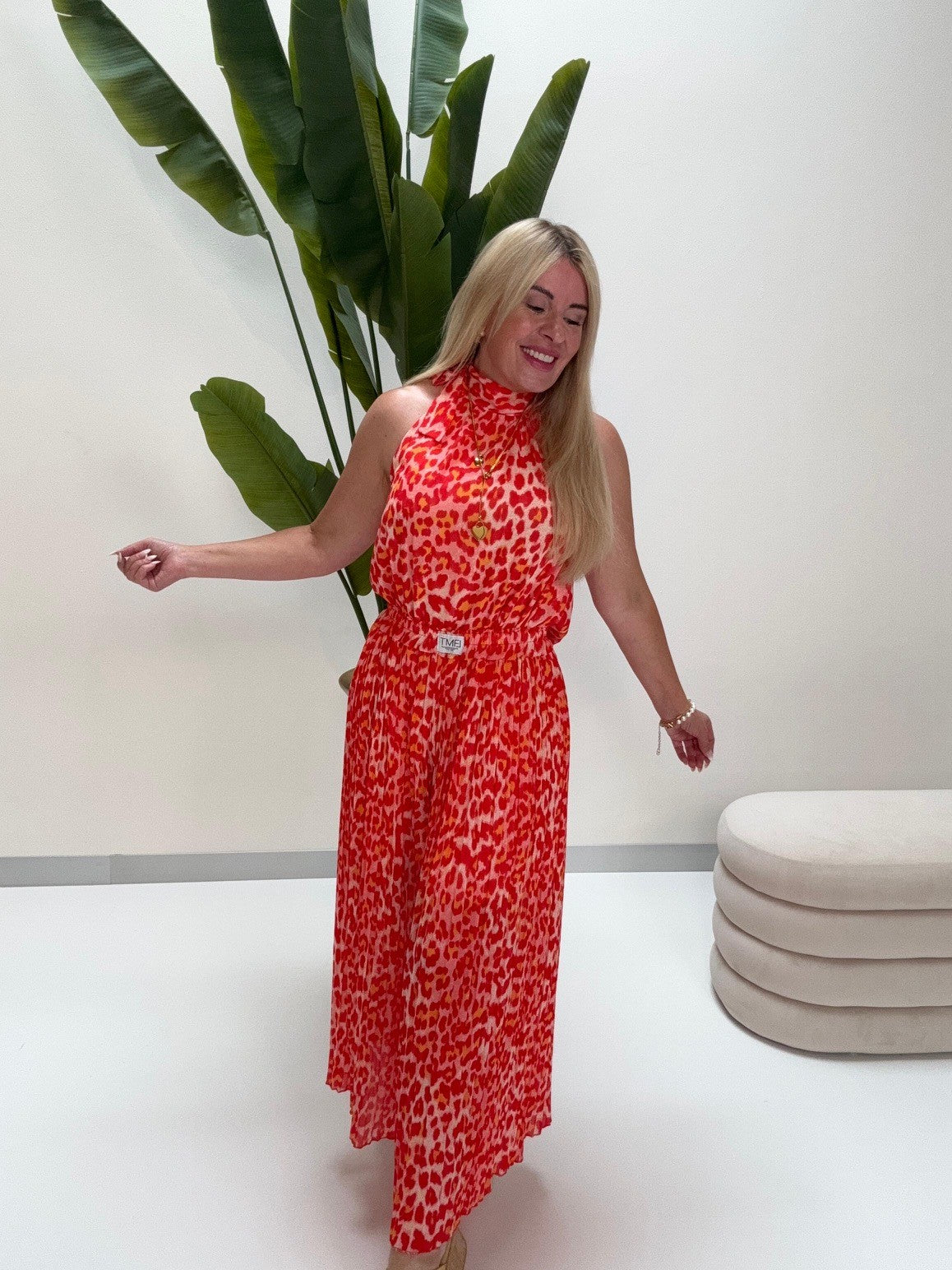Neckholder Top mit Bindedetail creme LEO rot/orange