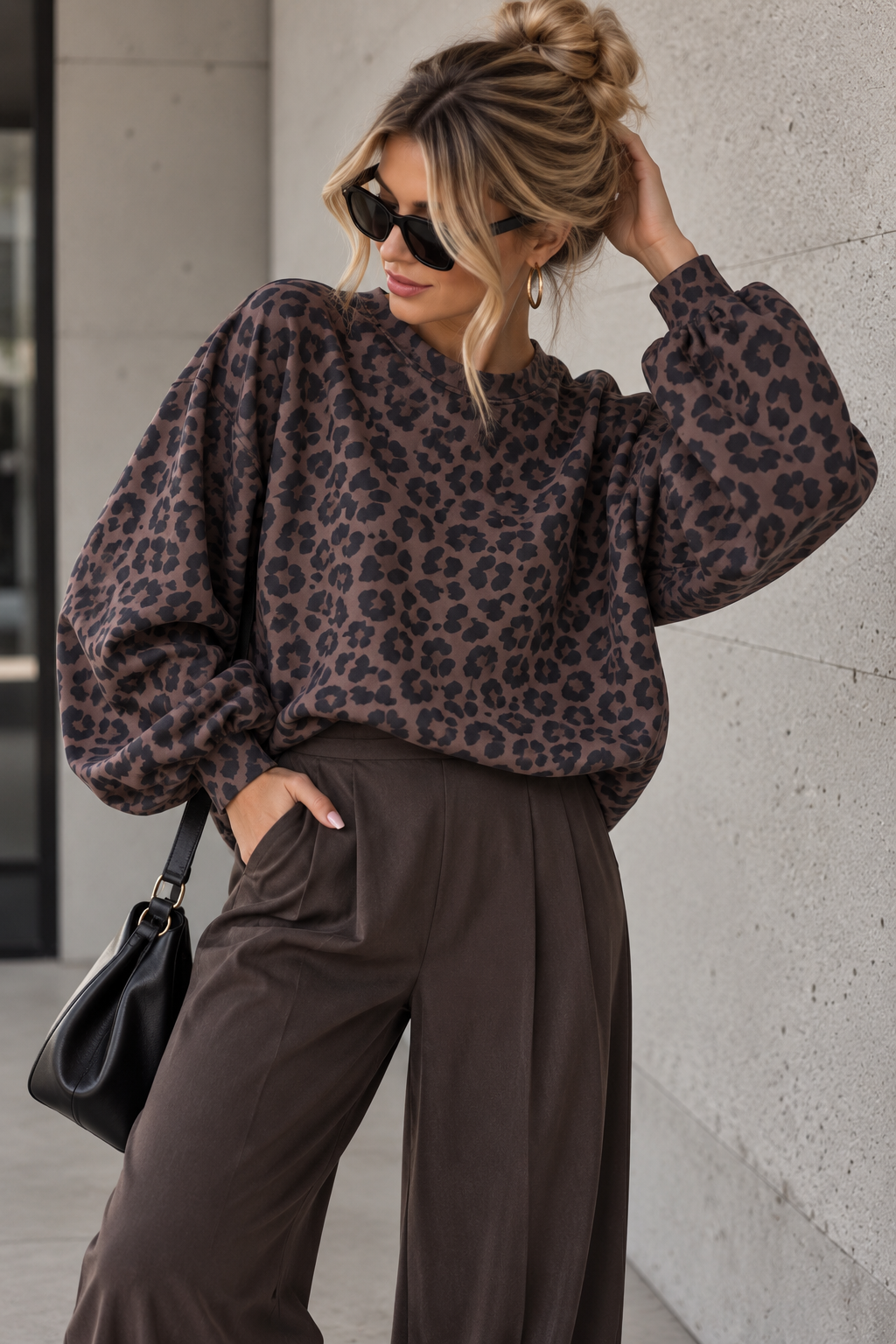 Butterstoff Pullover mit Gummizug unten braun/schwarz LEO