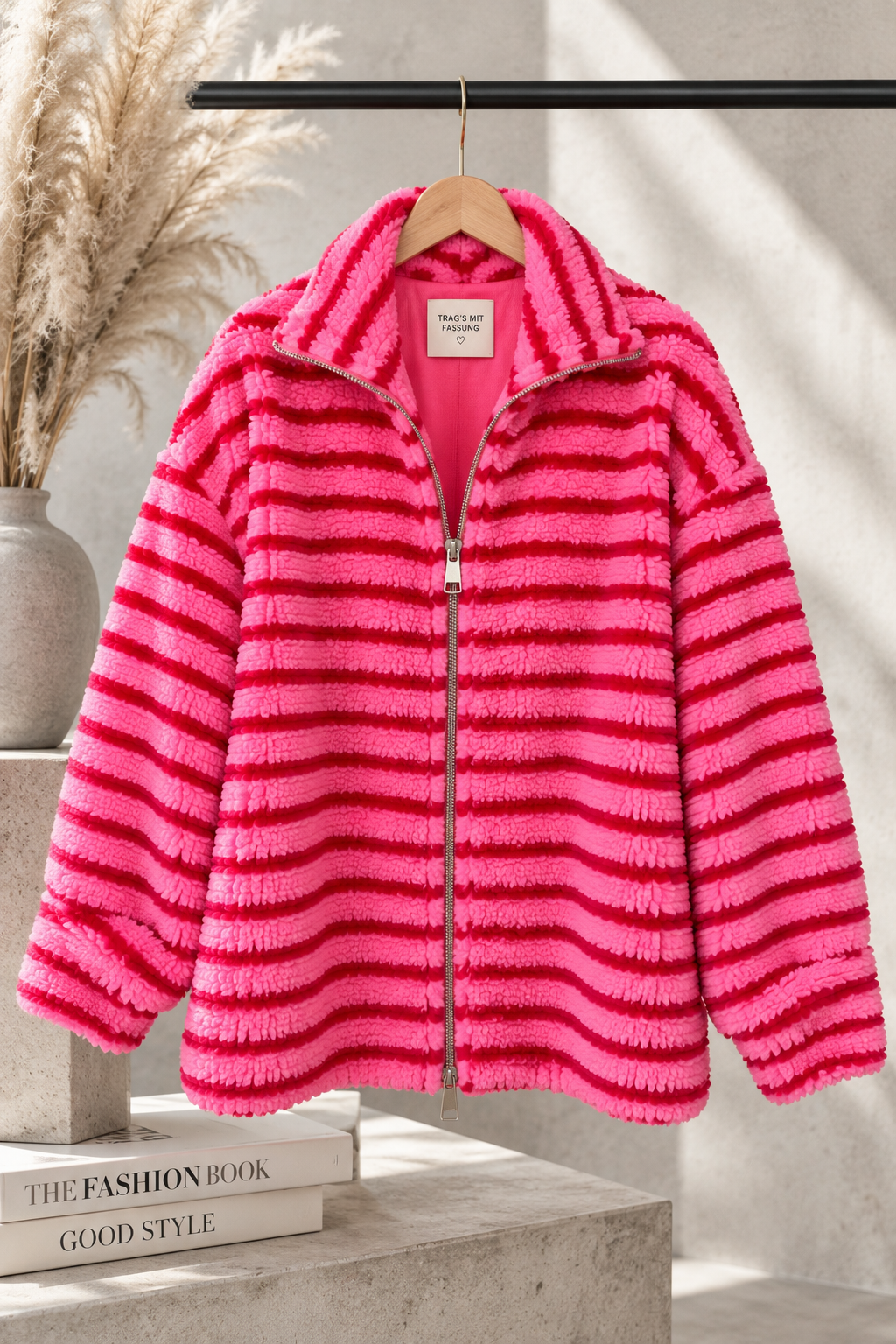 Teddy Jacke mit Reißverschluss pink/rot gestreift