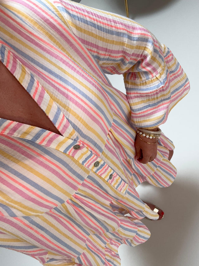Tunika Musselin Kleid weiß COLORFUL STRIPES blau/pink/gelb/peach
