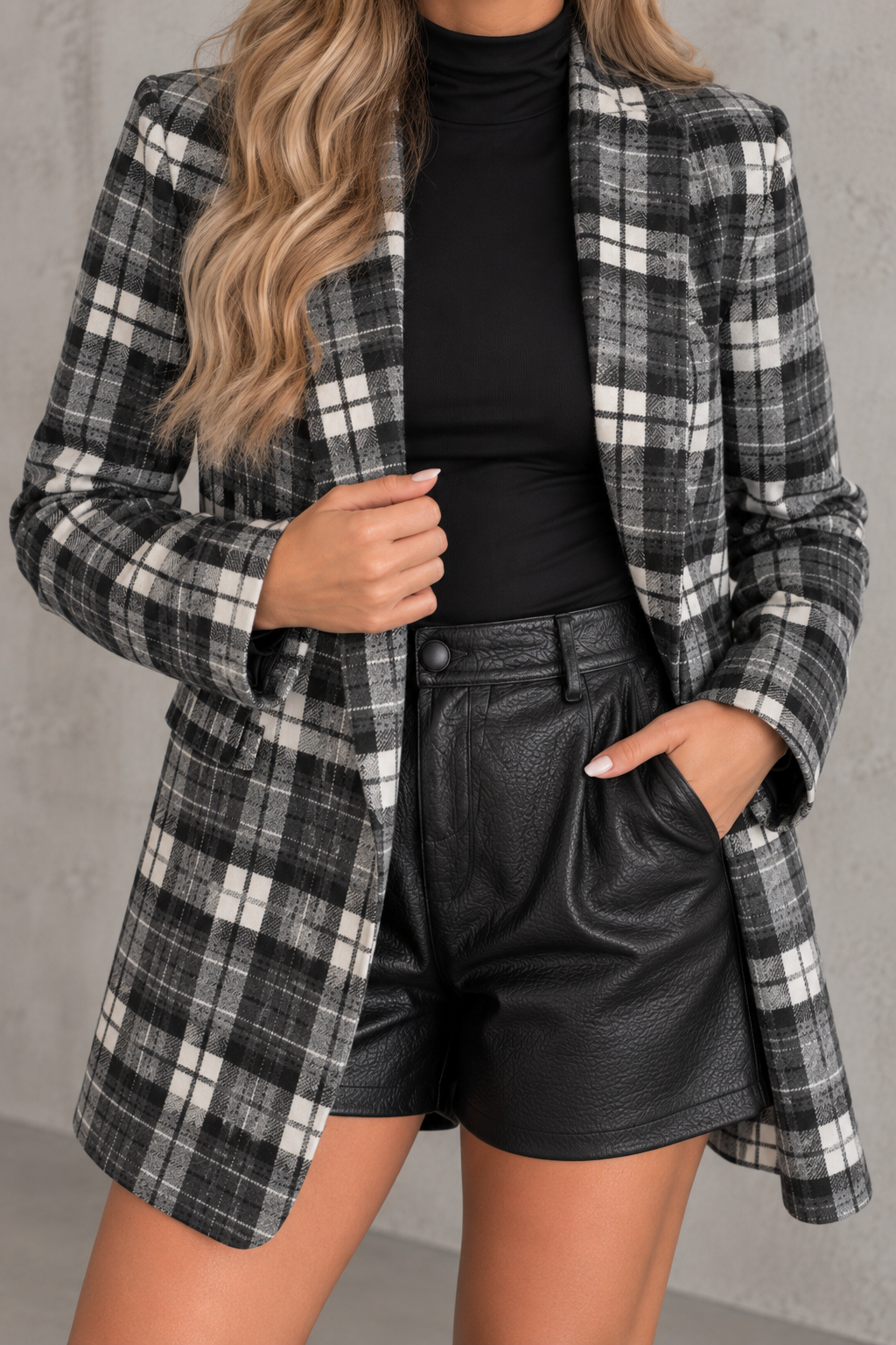 Karierter Long Blazer / Kurz Mantel in Schwarz Creme