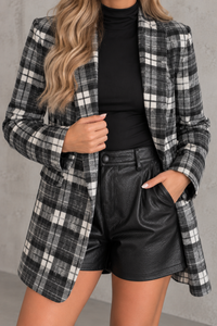 Karierter Long Blazer / Kurz Mantel in Schwarz Creme