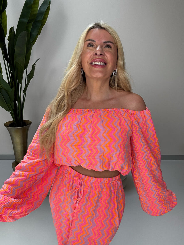 Musselin Carmen Bluse On FIRE rosa/pink/orange