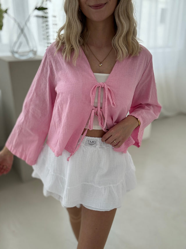 Leinen Bluse langarm CANDY ROSE mit Schleifchen