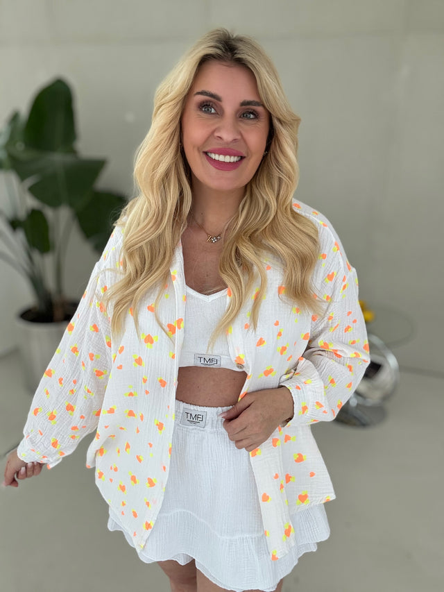 Musselin Bluse weiß LOVESTORY Herzen hot gelb & orange