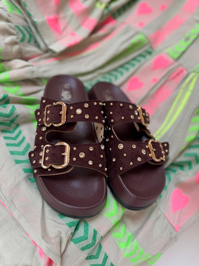 Sandalen FASHION VICTIM dark chocolate mit Nieten & Glitzersteinen