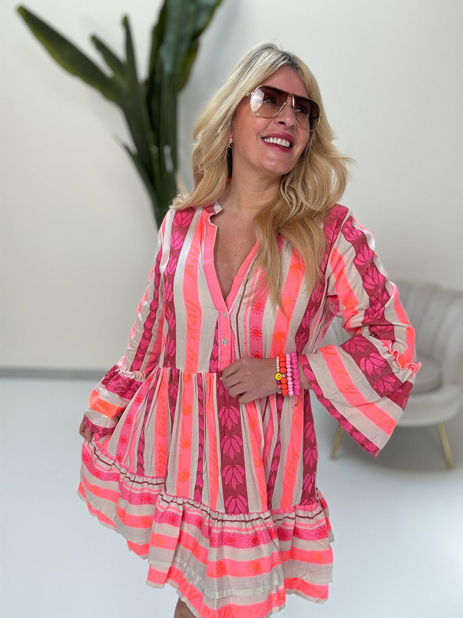 BOHO Kleid kurz STYLE pink/brombeere/orange