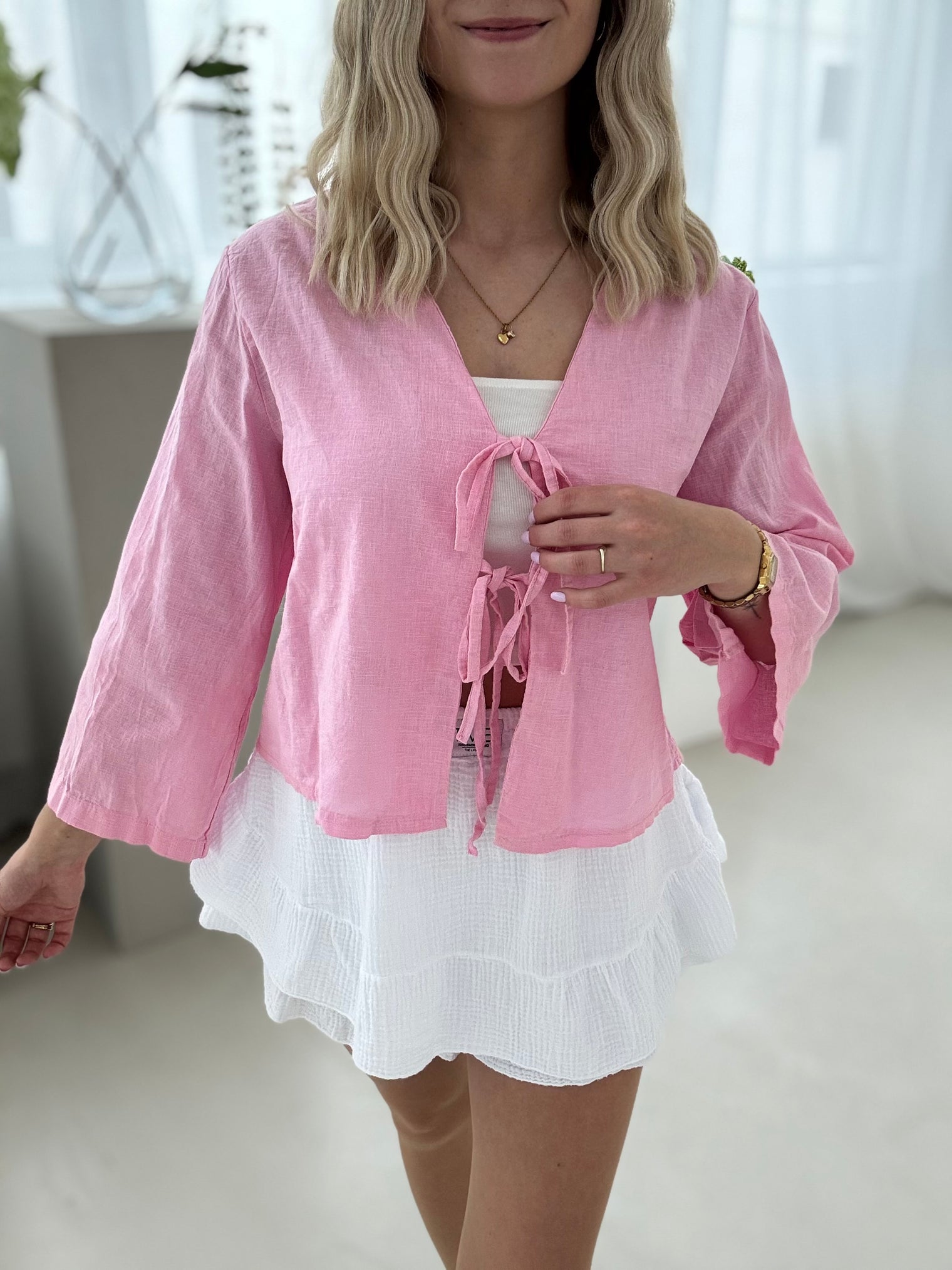 Leinen Bluse langarm CANDY ROSE mit Schleifchen