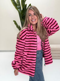 Teddy Jacke mit Reißverschluss pink/burgundy gestreift