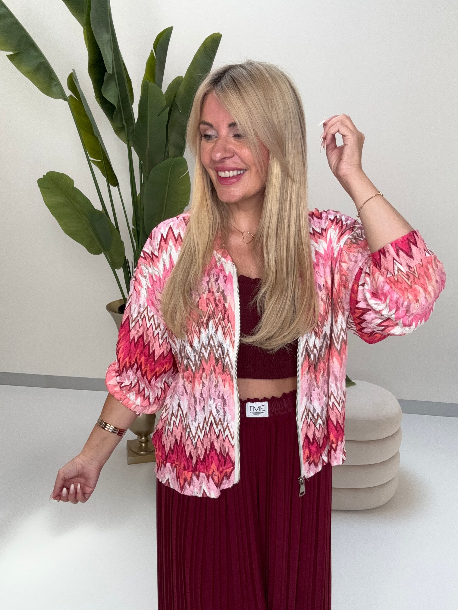 Blouson Spitzen Zipper Jacke weiß/rosa/fuchsia/pink