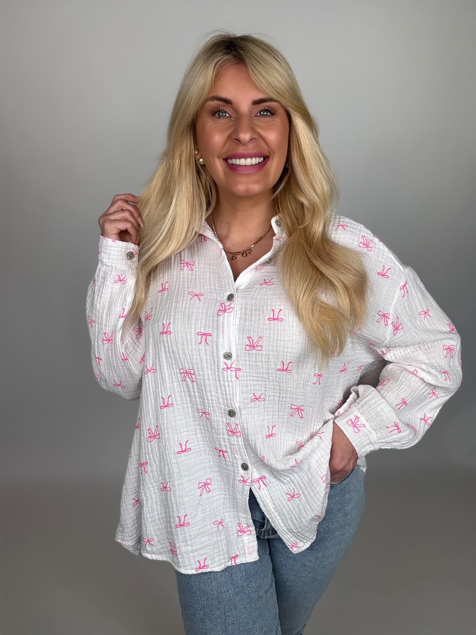 Musselin Bluse weiß LOVELY BOWS pink