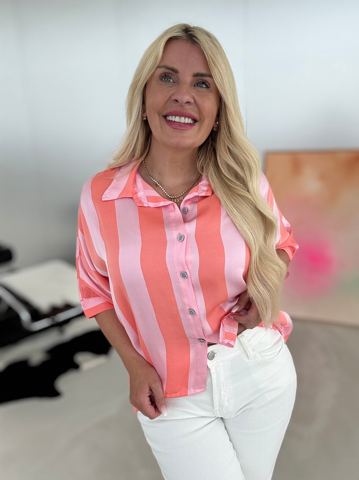 Silky Bluse rosa BLOCK STRIPES orange