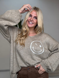Oversize Strickpullover mit Smiley&Rückenprint beige/creme