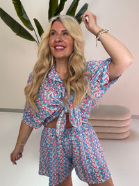 Sommer Bluse kurzarm SUMMER HOT hellblau/blau/pink