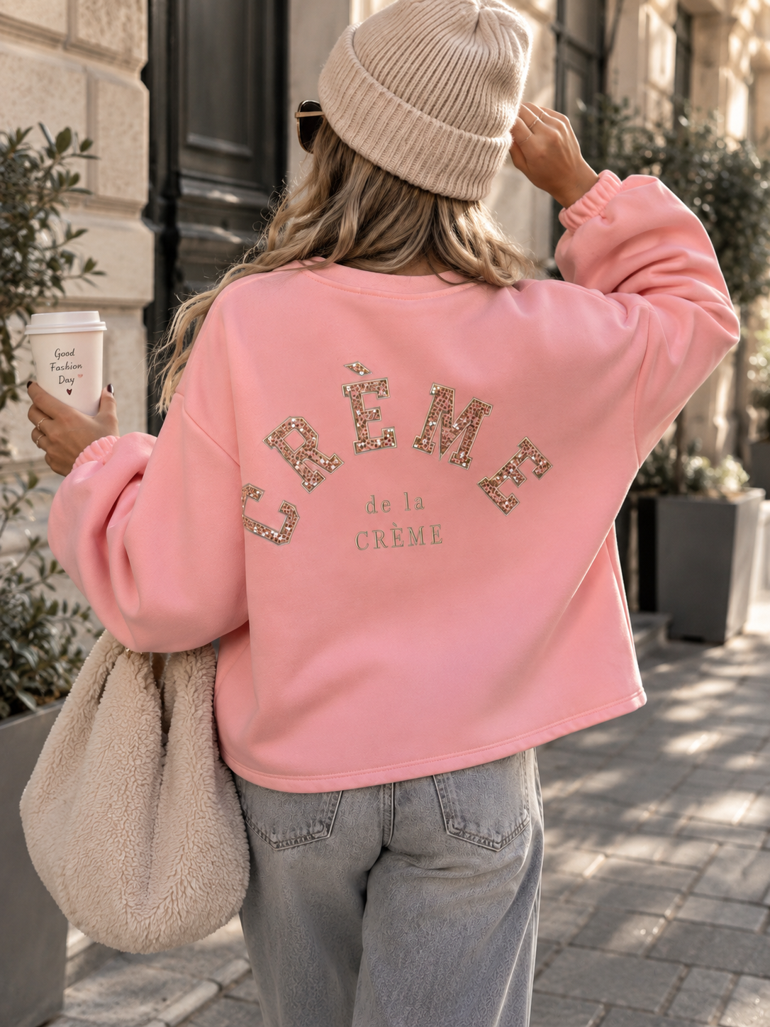 Sweater mit Rückenstickerei CREME DE LA CREME rosa