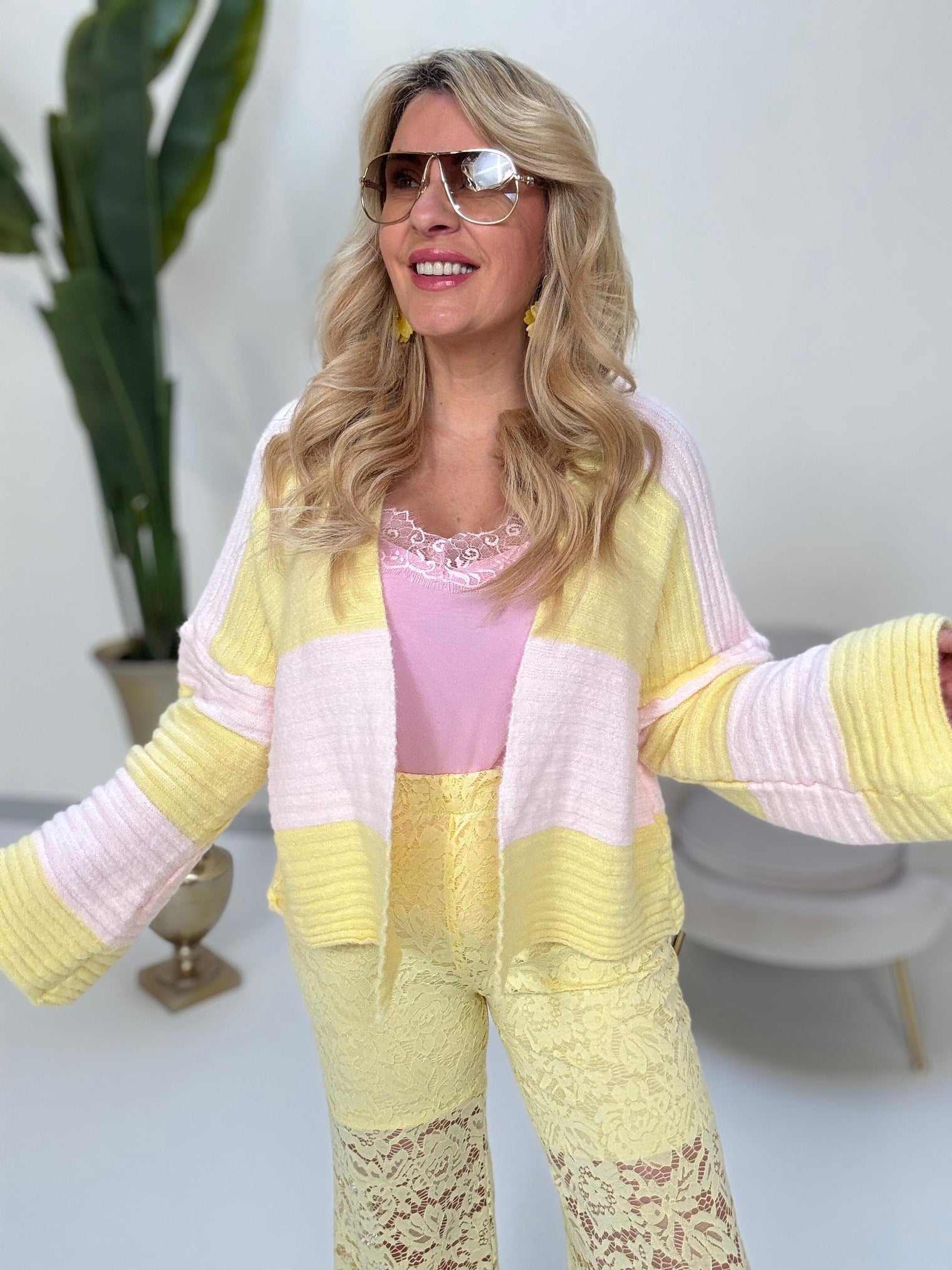 Cardigan BIG BLOCK STRIPES buttermilk lemon/rosa