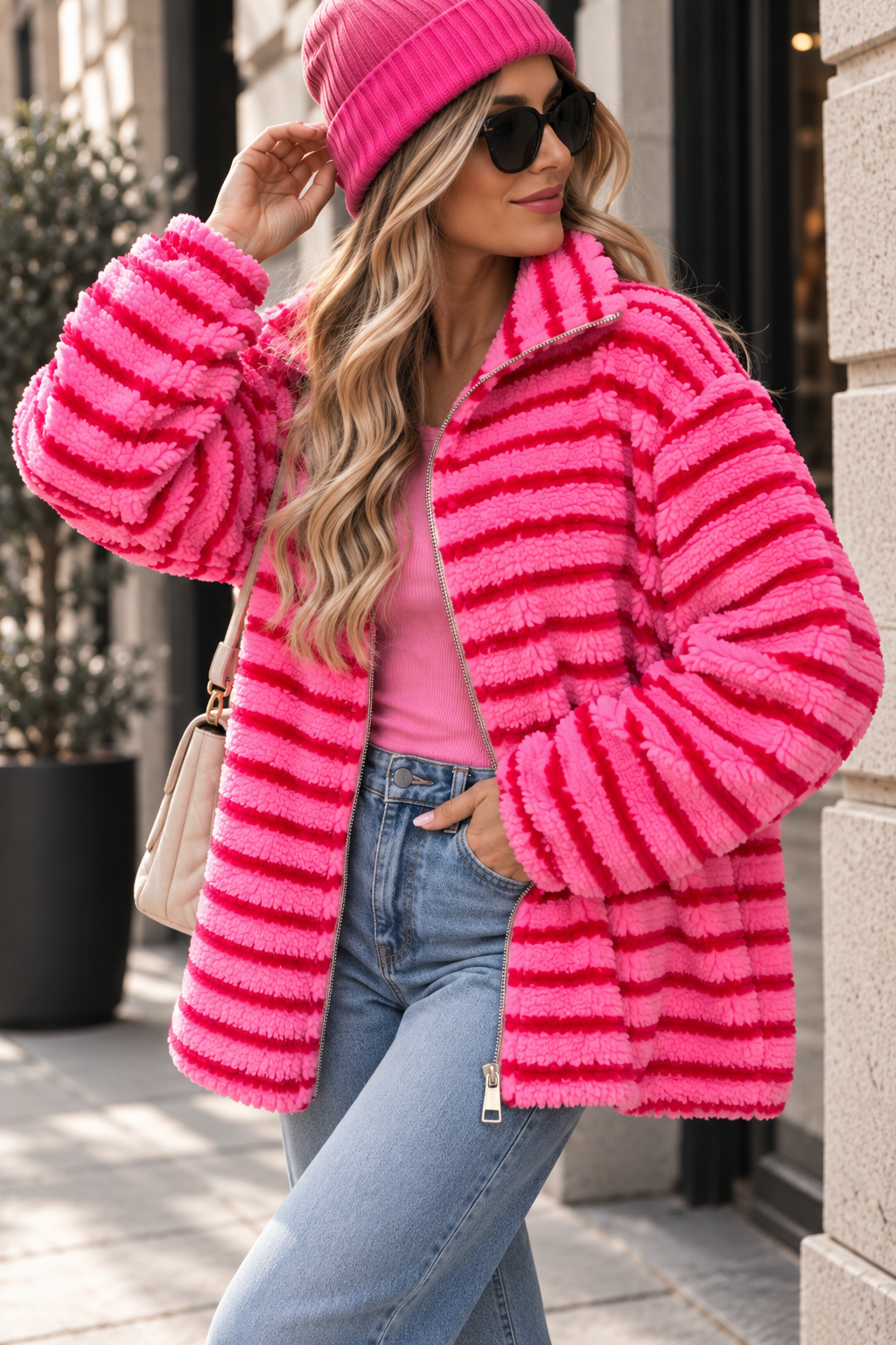 Teddy Jacke mit Reißverschluss pink/rot gestreift