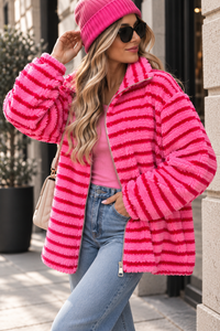 Teddy Jacke mit Reißverschluss pink/rot gestreift