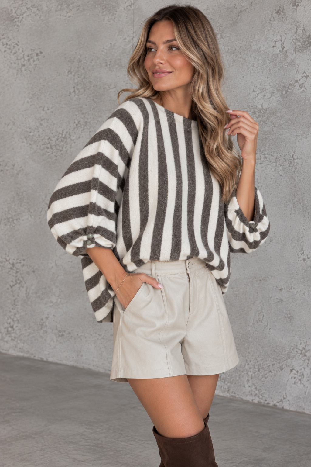 Oversize Strickpullover Stripes mit Alpakaanteil taupe /creme
