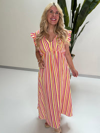 Signature Musselin Kleid weiß SMALL STRIPES fuchsia/orange/gelb/weiß