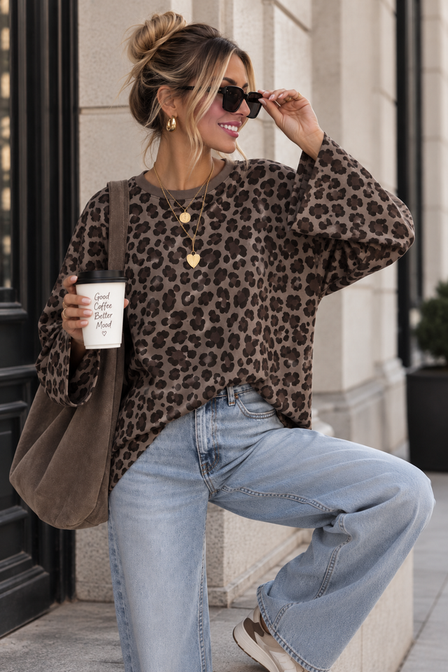 Longsleeve mit leicht ausgestelltem Ärmel taupe LEO schwarz/chocolate