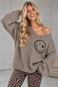 Oversize Strickpullover mit Smiley&Rückenprint taupe/dark chocolate