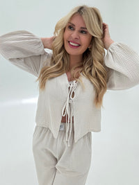 Musselin Bluse BEIGE mit Schleifchen Cropped