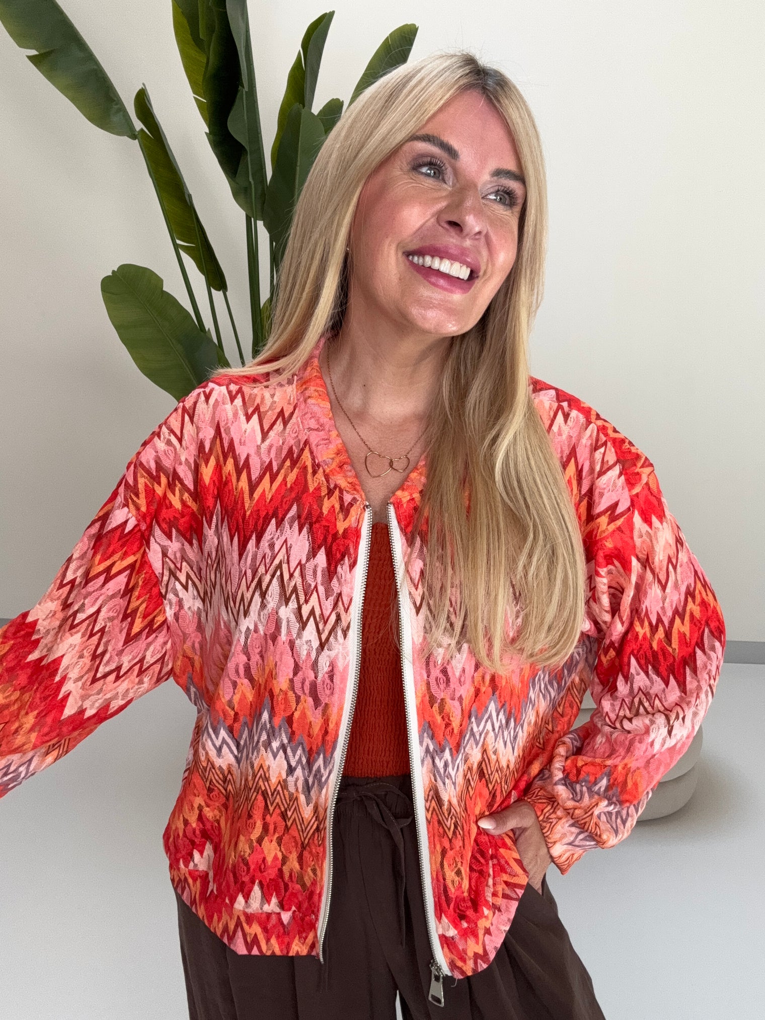 Blouson Spitzen Zipper Jacke rot/orange/rosa/weiß/burgundy