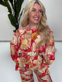 Carmen Bluse langarm FLORAL QUEEN rot/beige/creme