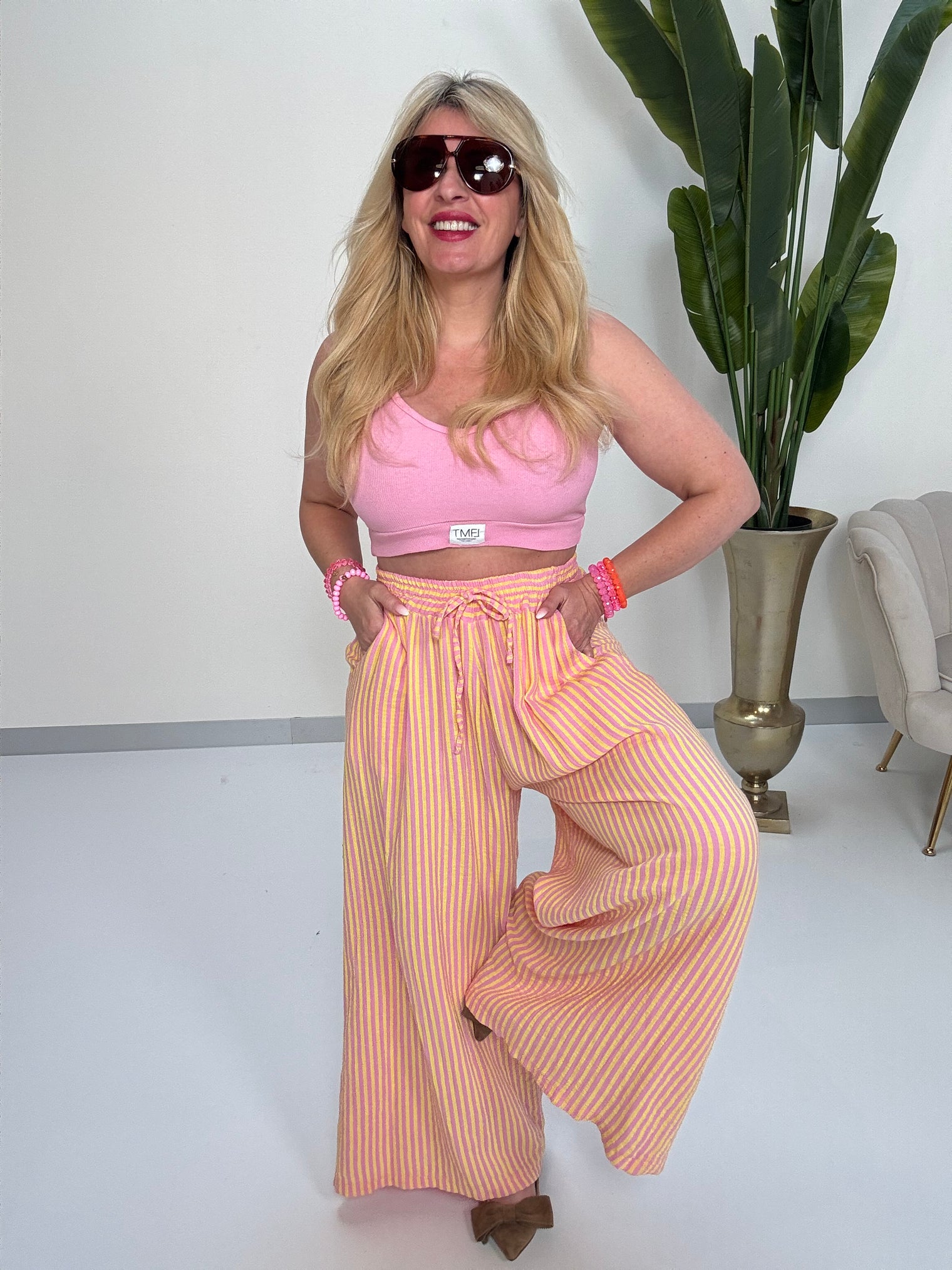 Musselin Hose Stripes POWER gelb rosa