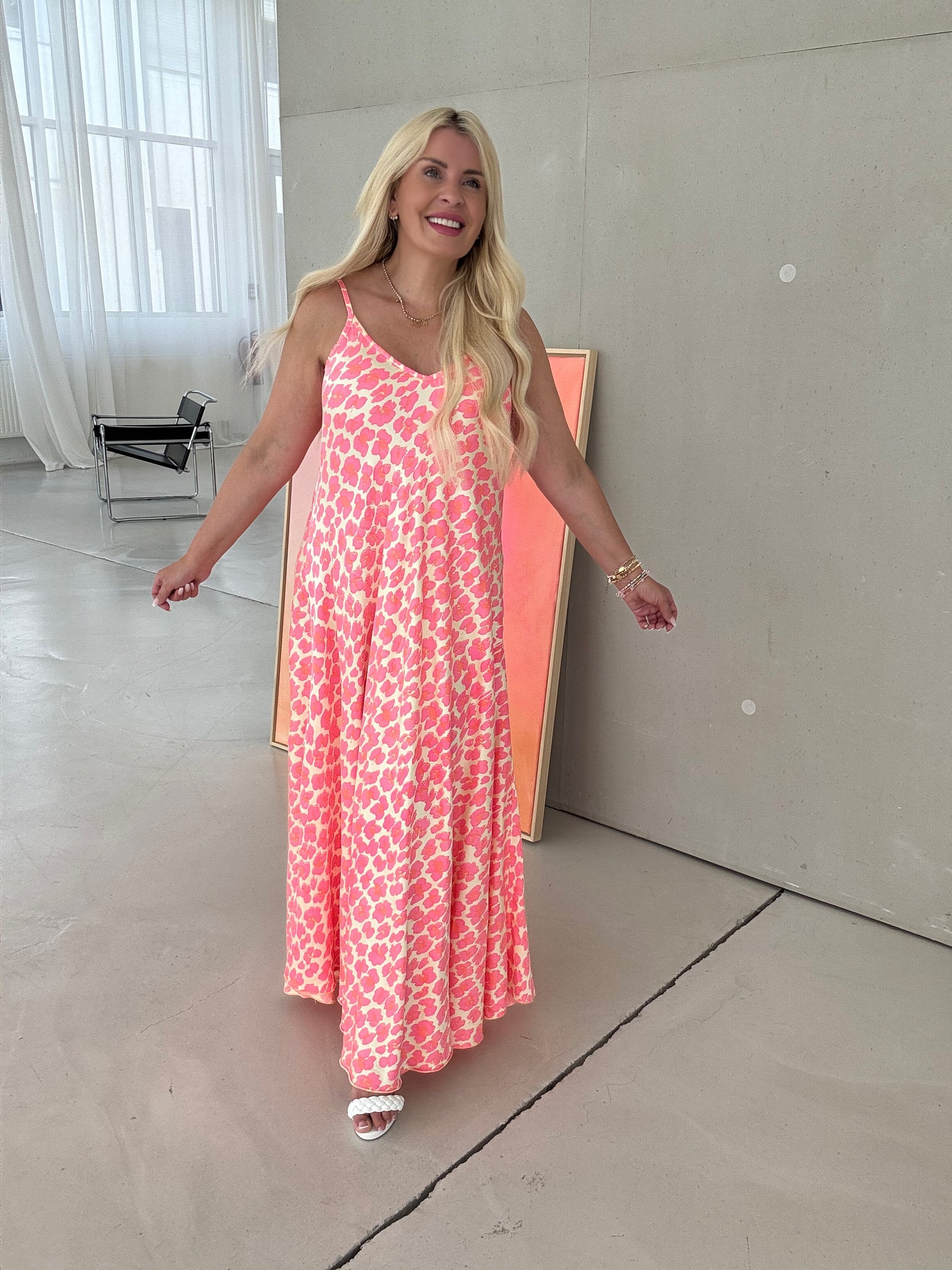Spaghettiträger Kleid gelb LEO POWER pink&orange