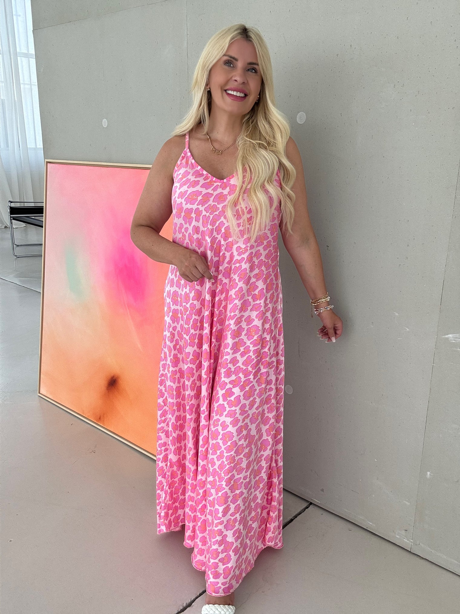 Spaghettiträger Kleid rosa LEO POWER orange/violett